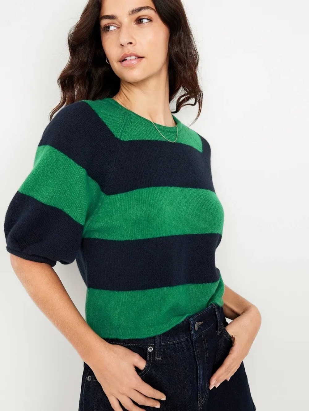 Old Navy Green & Navy Striped Puff-Sleeve Crewneck Sweater - Picture 3 of 5